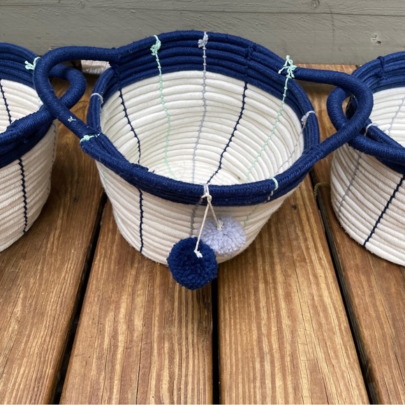 Pillowfort Cream & Navy Woven Cord PomPom Baskets 7” Diameter SET of 3 - Picture 3 of 9